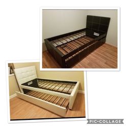 LEATHER TWIN BEDS WITH TRUNDLE (GREAT SPACE SAVER)