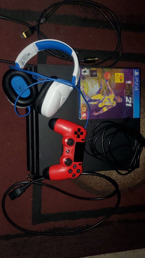 Playstation 4 Pro, Red controller, High speed HDMI cord NBA 2K21 Mamba Forever Edition and Turtle Beach headset.