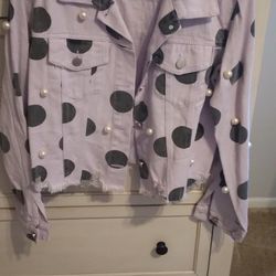Lavender Polka Dot Denim Jacket With Pearl Detailing
