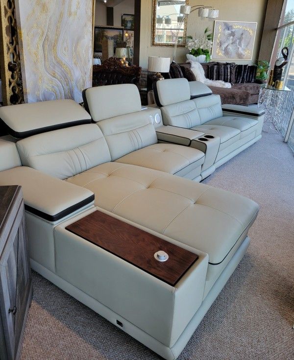 Modern Top Grain Leather Grey Sectional