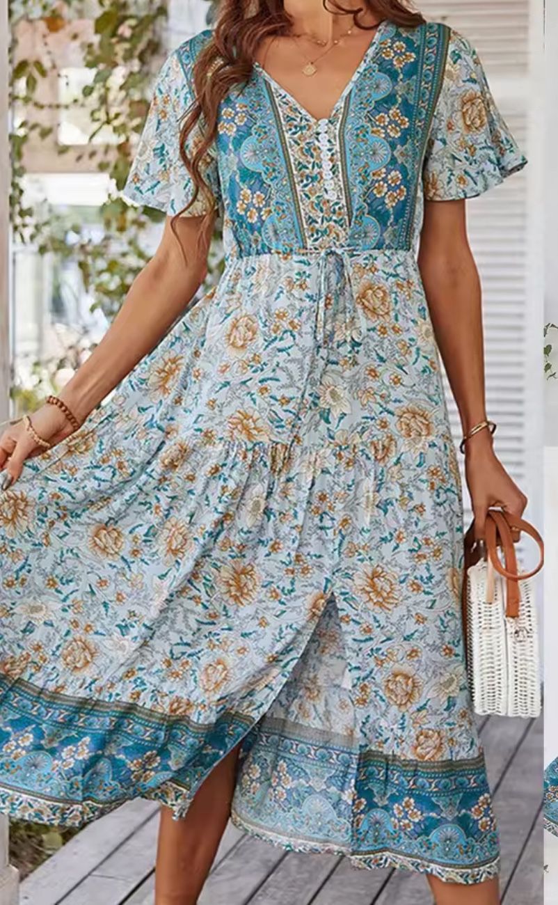 Floral Bohemian Maxi Dress - Teal and Cream 8