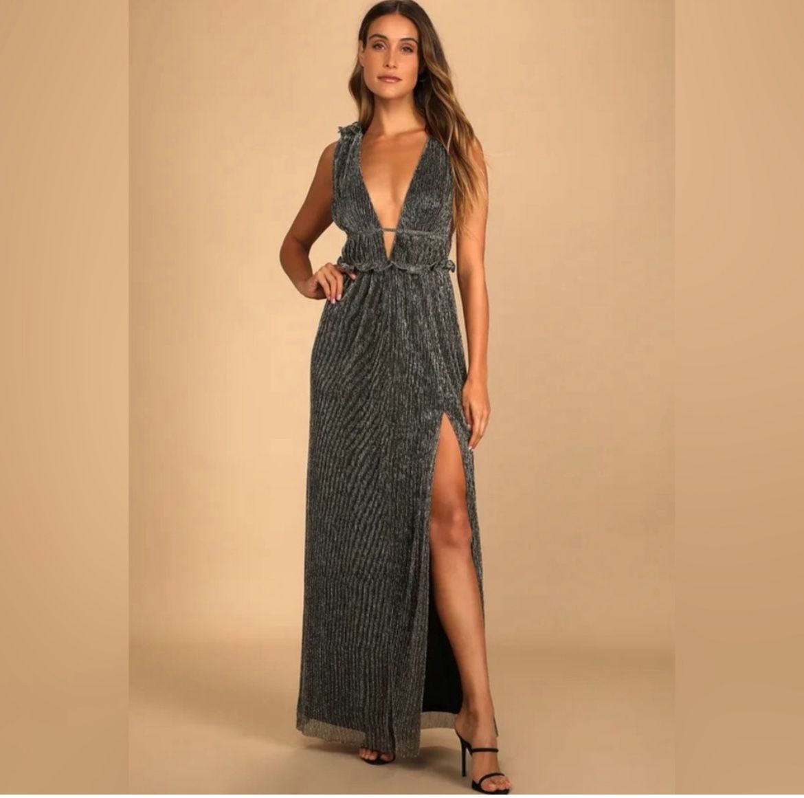 Lulus Spotlight on You Black and Gold Metallic Maxi Dress