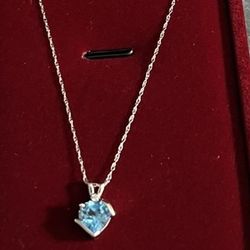 10k white gold 0.01 carat Diamond and 7x7 Blue topaz necklace