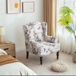 Wingback Accent Chair, Upholstered Mid Century Modern Armchair with Solid Wood Legs, Fabric Linen Leisure Single Sofa Chair for Living Room, Bedroom,