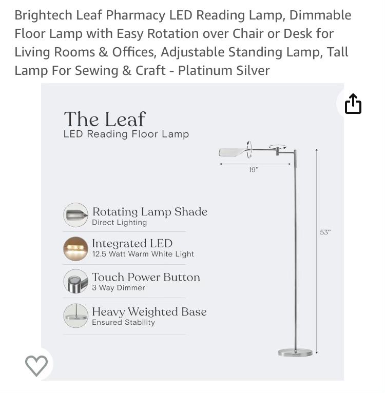 Brightech Leaf Pharmacy LED Reading Lamp, Dimmable Floor Lamp with Easy Rotation over Chair or Desk for Living Rooms & Offices, Adjustable Standing La