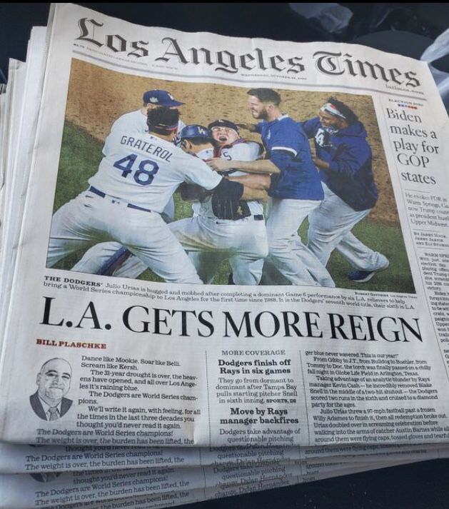 LA Times Dodgers win 2020 World Series