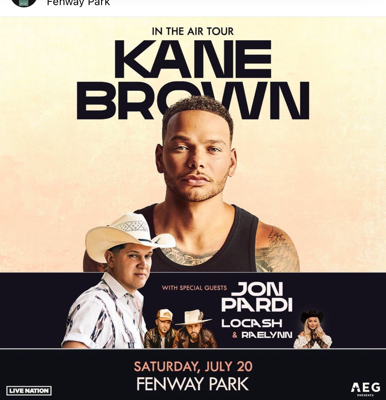 Kane Brown 7/20 Fenway Park Sapphire Package 