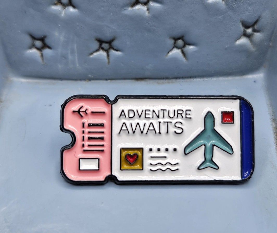 Airplane ✈️ enamel white pink Adventure awaits pin black Metal pin Lapel Backpack Hat Brooch approximate 1"