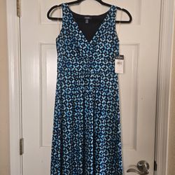 New Women's Size Small Knee Length Blue & Black Sleeveless V-Neck Dress by Chaps MSRP $90