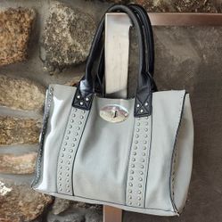 charming charlie pewter-colored faux leather satchel set featuring a twist-lock closure and stud details