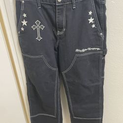 PacSun Ford Men’s Jeans Baggy Carpenter Size 30 Black Wash Embroidered