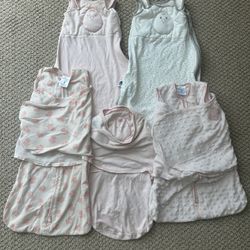 Sleep sack/swaddle bundle! 6 items! Halo, Nested bean, Merlin’s Magic sleepsuit