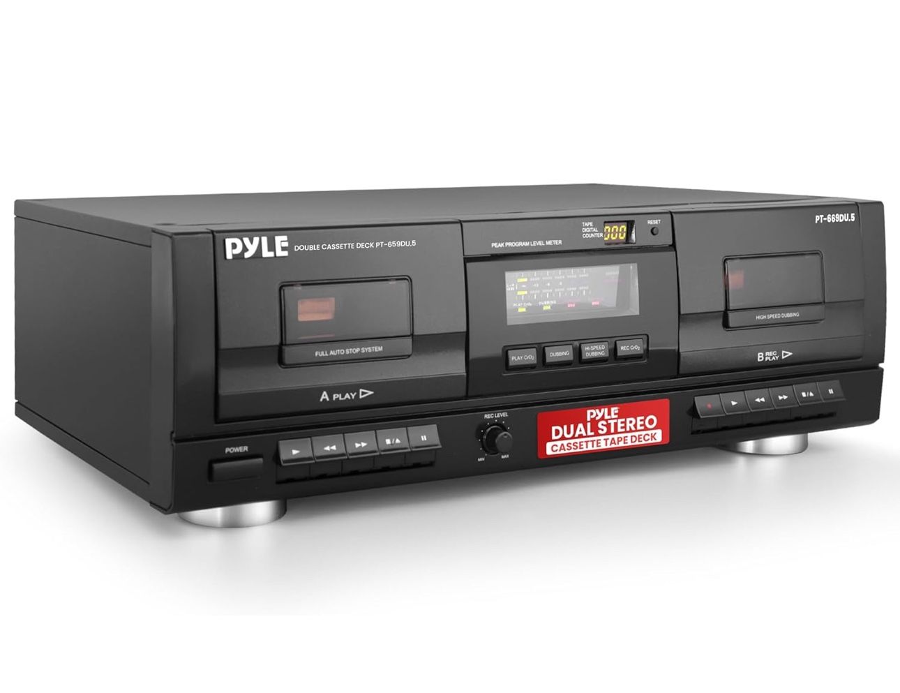Pyle Dual Stereo Cassette Tape Deck - Clear Audio Double Player Recorder System w/ MP3 Music Converter, RCA for Recording, Dubbing, USB, Retro Design