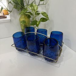 Vinatge set of 6 Glasse Cobalt Blue Very Heavy with Gold Holder
