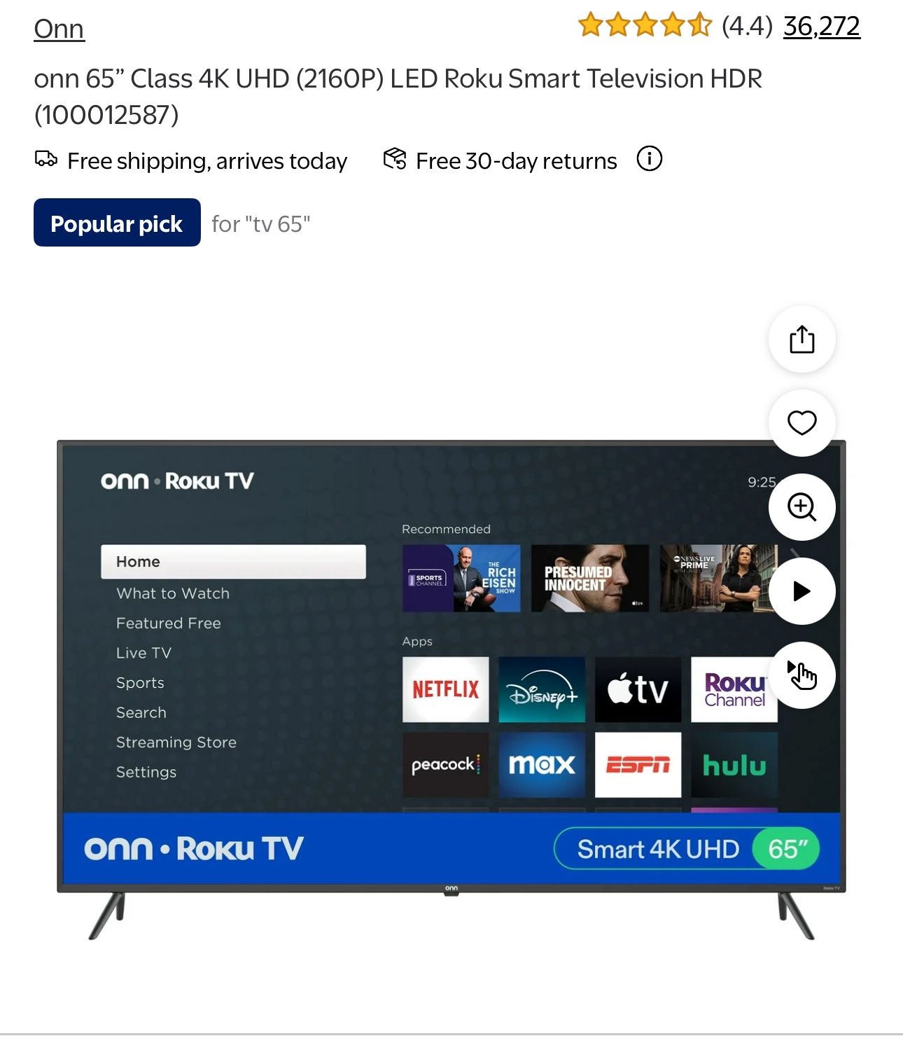 ONN 65” 4k Roku Smart Tv