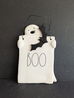Rae Dunn BOO Ghost Halloween Hanging Sign with Glitter Bat
