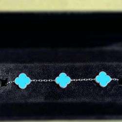 18k white gold Van cleef Alhambra style Turquoise 5 motifs clover shape stone bracelet