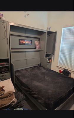 Gray Wood Frame Queen Size Murphy Bed with Wardrobe, Drawers and Shelves