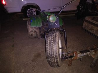 Homemade ATV car tires needs an engine rear drive shaft already hooked up belt drive blue and green