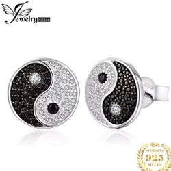 925 Sterling Silver Black and White Spinel Stud Earrings 