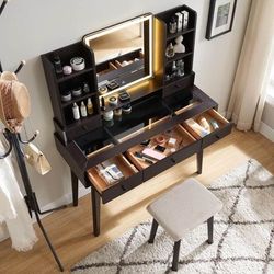 Vanity Desk with Mirror And LED Light - Espresso Finish 