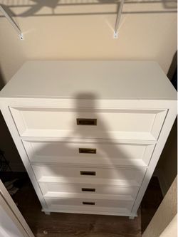 White 5-Drawer Tall Dresser/Chest – Brass Campaign Pulls