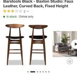 Baxton Studio Flora Mid-Century Faux Leather Bar Stool with Back, Black and Walnut Brown, 2-Pieces (144-2P-8074-HIT)