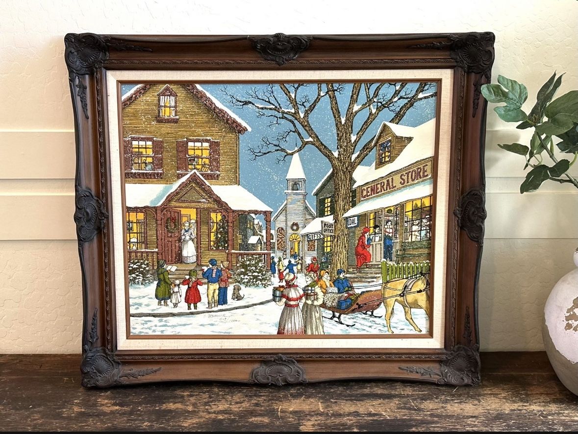 Vintage Christmas Art LARGE Signed By Hargrove And Numbered 569/1200 Snowy Village Scene