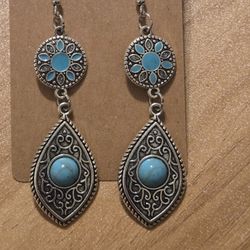 Turquoise Chic Earrings Bohemian Boho Silver Hook Dangle Handmade NEW 