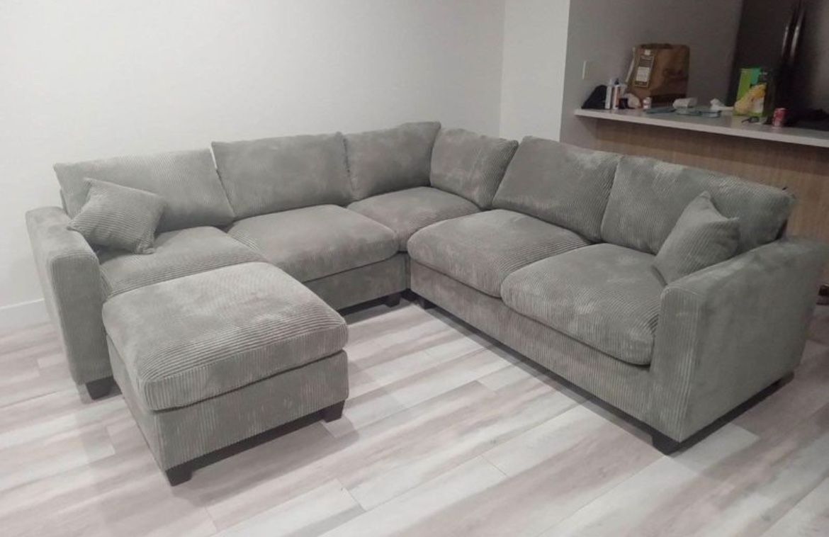New 99x99 Corduroy Sectional Couch With Ottoman / Free Delivery