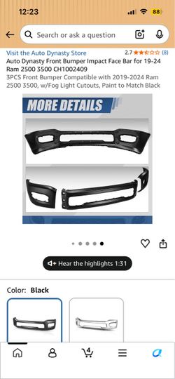 Auto Dynasty Front Bumper Impact Face Bar for 19-24 Ram 2 CH1002409 3PCS Front Bumper Compatible with 2019-2024 Ram 2, w/Fog Light Cut