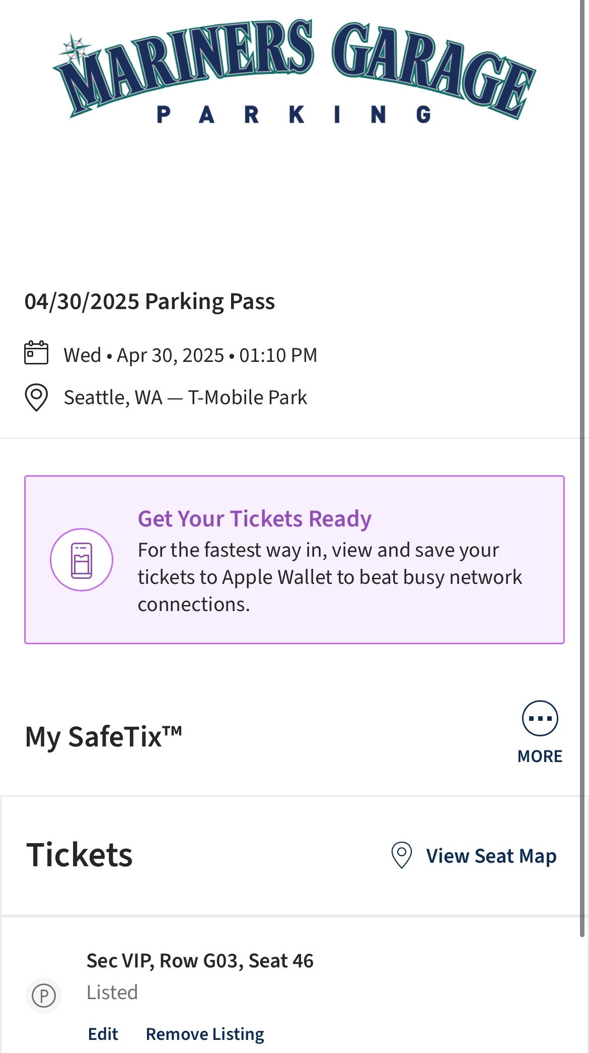 VIP Parking Pass 4/30/25 Mariners Angels Game
