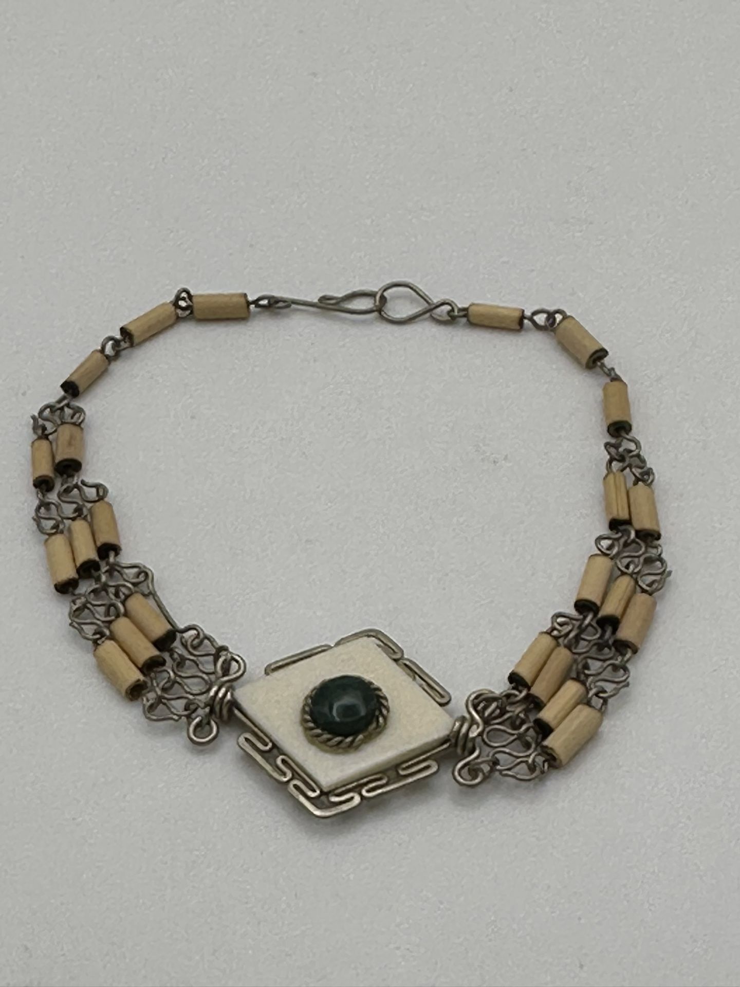 Vintage Bracelet Wooden Tubes Glass Square With Round Glass Bead Size 8 Missing One Wood Tube Good Condition 