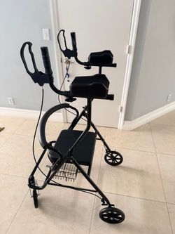 Upright WALKER w Rolling Wheels, storage Bin & Seat to relax when walking. Great for upright posture. Brand New!