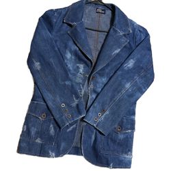 Vintage 1970’s Distressed Jean Jacket Blazer Sz Medium Women’s Blue Button Long