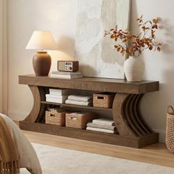 63-Inch Farmhouse Entryway Console Table with Storage, TV Console with Curved Design for Living Room, Bedroom, Brown (Brown, 15.75" D x 63" W x 23.6" 