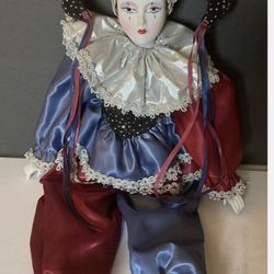 Vtg Porcelain Doll Maurice Jester Sad Clown 23” Maroon & Blue