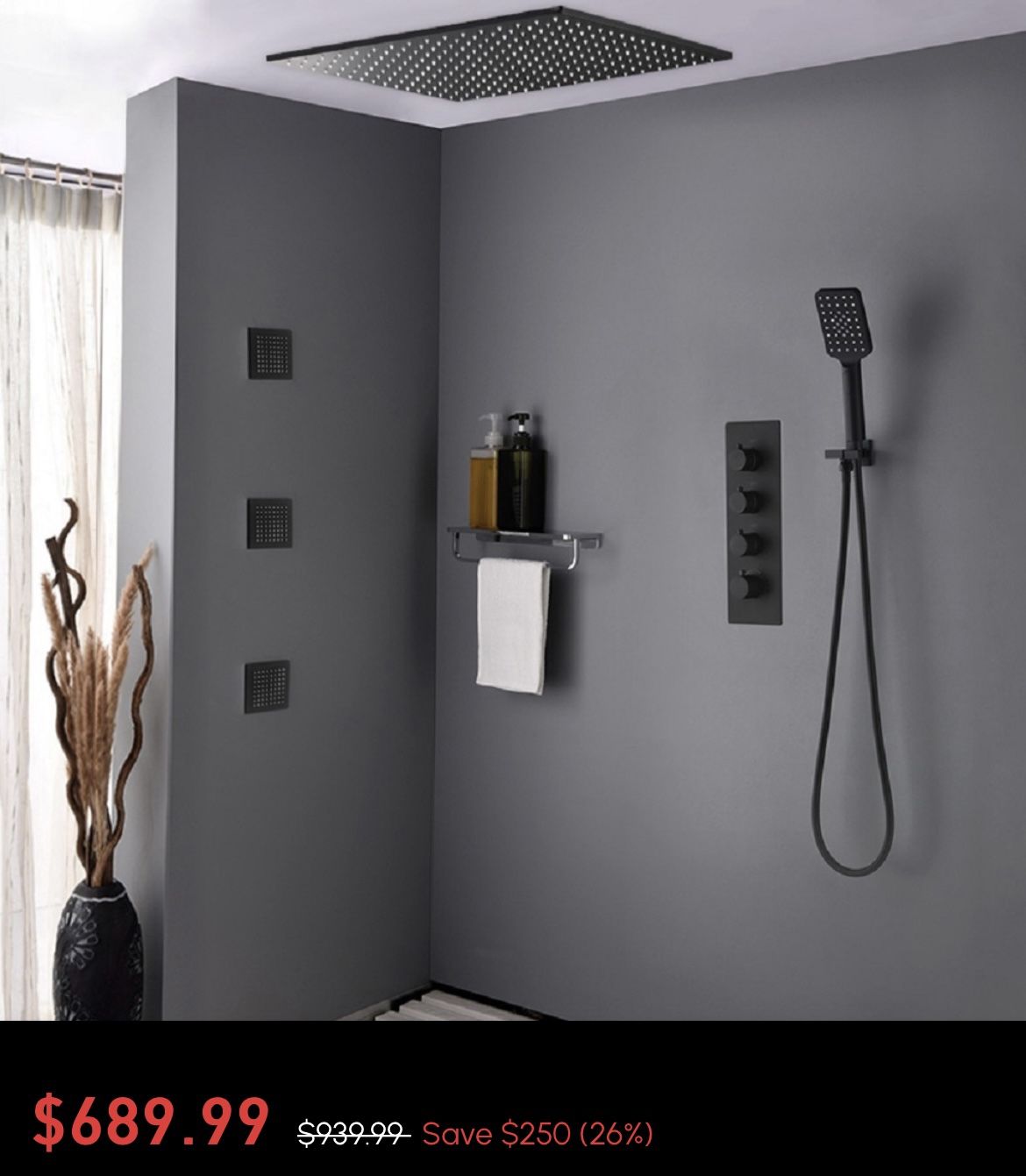 KS #060505 16'' Thermostatic Black Shower System With Hand Shower And 3 Body Jets