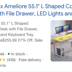 Ameliore 55.1" L Shaped Computer Desk with File Drawer, LED Lights and Keyboard Tray