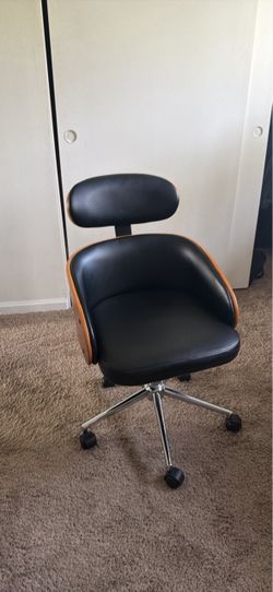 Black Leather Office Chair with Wood Accents