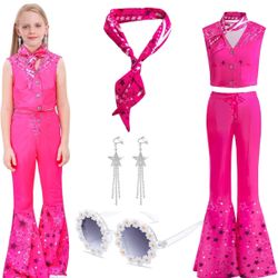 Girls Hot Pink Cowgirl Costume Sleeveless Top Flare Pants Kids Cosplay Costume Set Movie Dress up for Halloween Party