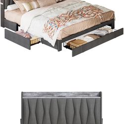 King Upholstered Bed Frame with 3 Drawers, Bed with Storage Headboard and Charging Station