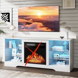 Fireplace TV Stand Up to 65" TVs, 58" Entertainment Center with LED Lights, TV Media Console with Adjustable Glass Shelves and Storage Cabinets for Li