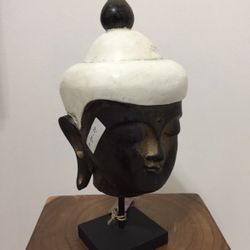 Buddha Head Statue Carved Wood Color White Art Decor Handmade New Indonesia 14"H
