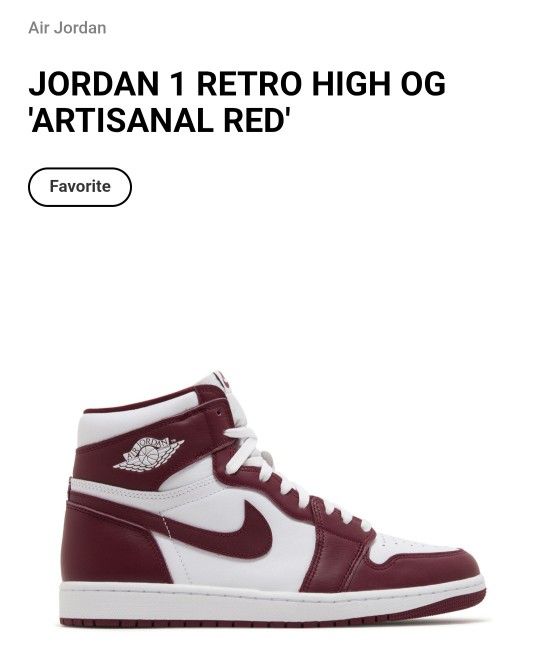 Jordan 1 High "Artisanal Red" Sz 11.5