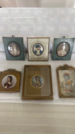 A group of antique miniature paintings a picture in fancy wood and bone frames embroidered photo in frame Napoleon and Josefine and Marie Antuinette