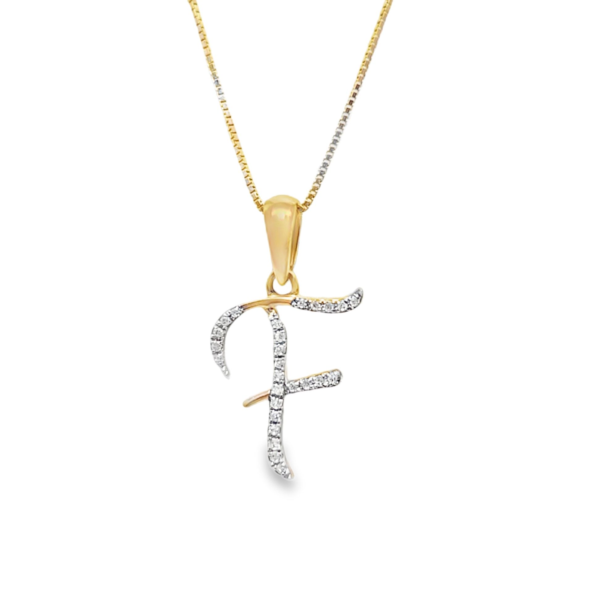 10k Yellow Gold Diamond Box Chain With F Initial 1/12 ctw