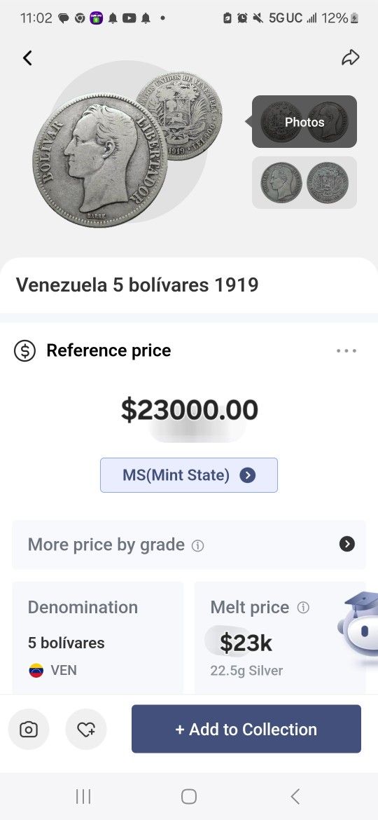 1919 Venezuela 2 Bolivares Coin