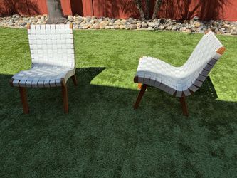 Brand new Pair of Woven Strap Lounge Chairs with Wood Frame