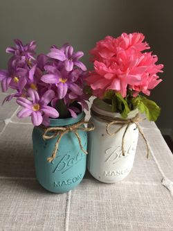 Distressed mason jar vases with silk flowers $10 for both
